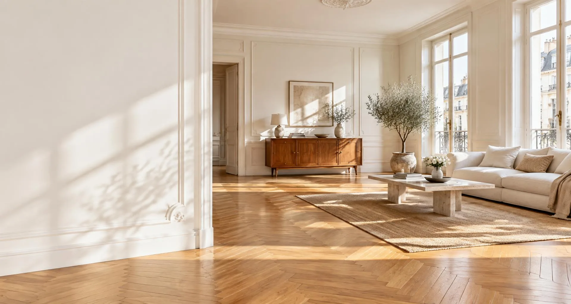Grande pièce lumineuse avec parquet en bois et lumière naturelle chaude