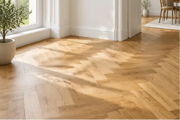 Parquet en bois à chevrons dans un intérieur lumineux